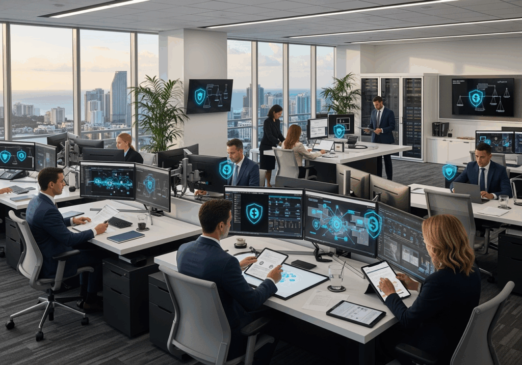 Miami law firm office with lawyers using secure IT systems and modern technology for legal practice management