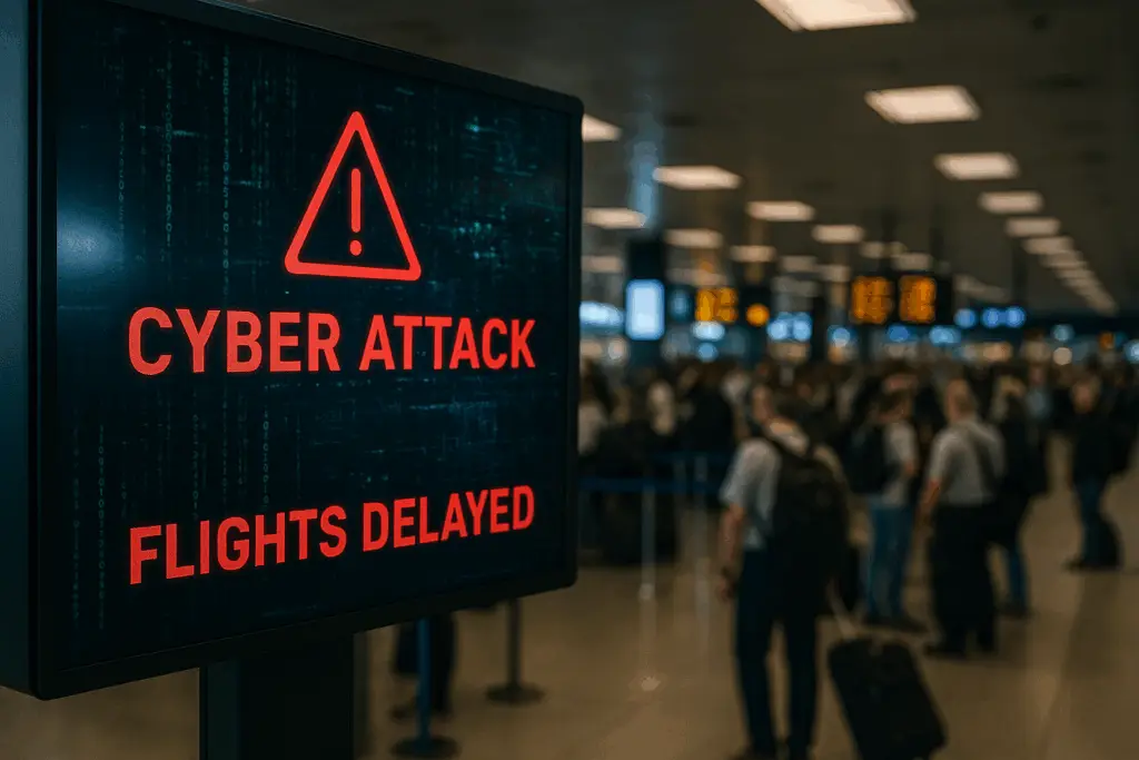 Ultra-realistic image of a grounded airplane at a European airport terminal during a cyberattack, with digital glitch effects and a dark, moody atmosphere